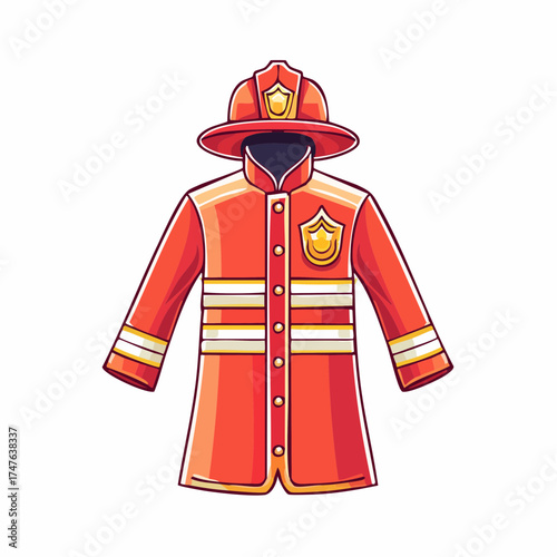 Illustration of a Firefighter's Uniform, Featuring a Red Jacket with Reflective Stripes and a Helmet