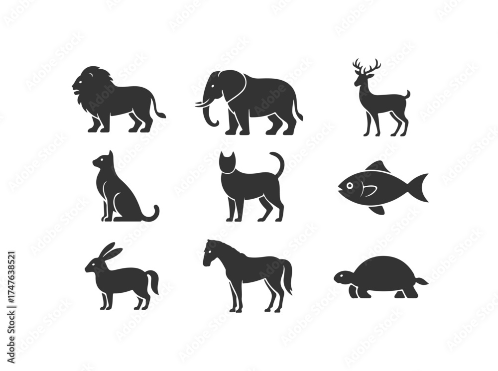Naklejka premium Black and white animals set silhouette in white background.