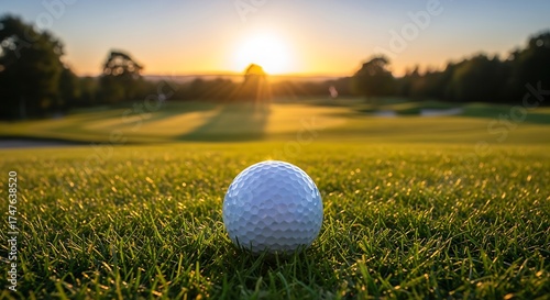 A golf ball resting on green grass with a sunset in the background on the course