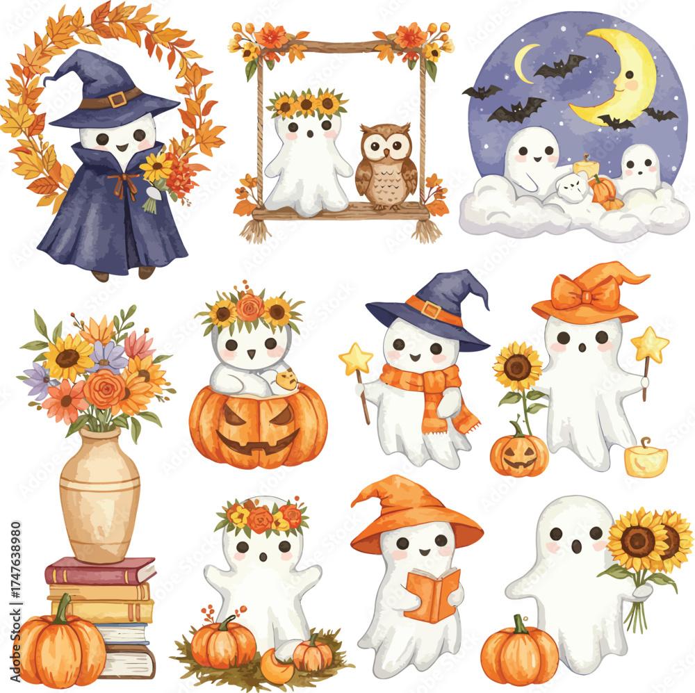 Naklejka premium Cute halloween characters and autumn elements watercolor style for festive decorations and crafts
