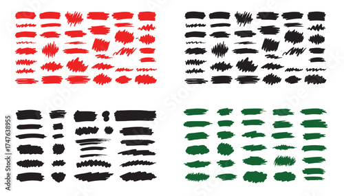 Collection of abstract paint brush strokes and splatters in red blue black and green colors arranged in four quadrants for design elements