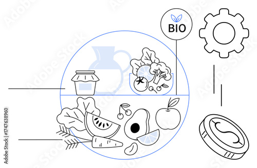 Assorted organic items including fruits, vegetables, jar, and eco symbols representing health, nature, and sustainability. Ideal for wellness, diet, food industry eco-awareness farming green