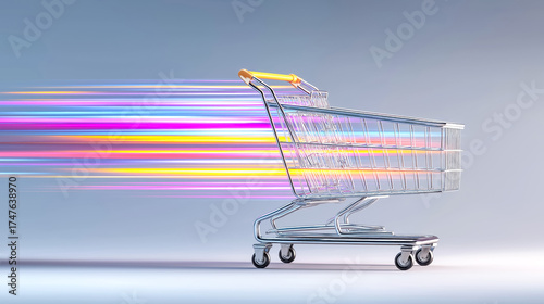 Shopping cart with colorful light trails on a blue-gray backgrou