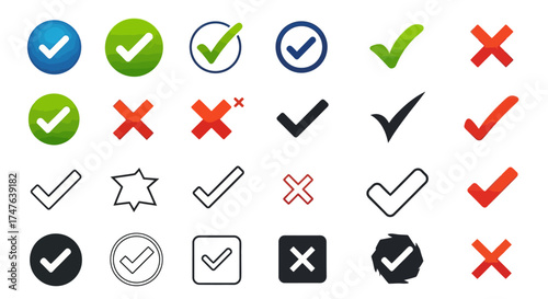Vector illustration with check mark and x mark symbols in various shapes and styles, white background