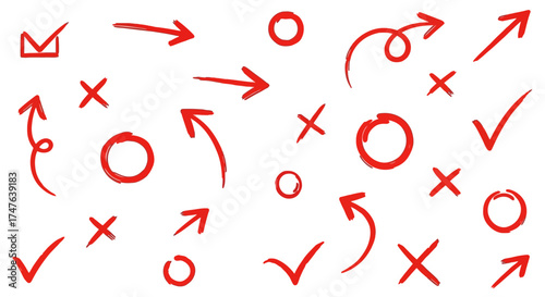 Hand-drawn red arrows, circles, checks, and crosses vector illustration on white background, white background