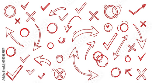 Hand-drawn red arrows, circles, checks, and crosses vector illustration on white background, white background