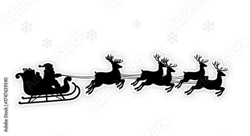 Vector silhouette of Santa Claus riding in a sleigh pulled by reindeer, white background