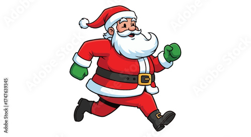 Cartoon Santa Claus running cheerfully with his traditional red suit and green gloves, white background