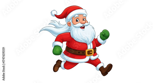 Cartoon Santa Claus running cheerfully with his traditional red suit and green gloves, white background