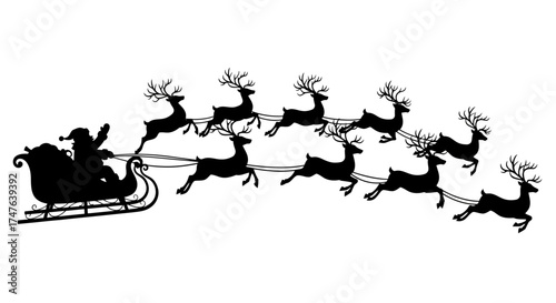 Silhouette of Santa Claus riding his sleigh pulled by reindeers, white background