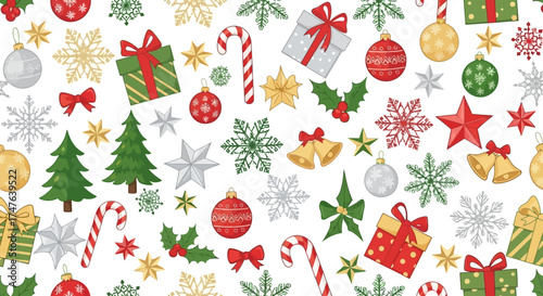 Festive vector seamless pattern illustration with classic Christmas elements for holiday backgrounds and designs, white background