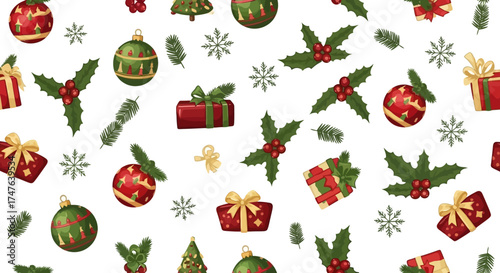 Festive vector seamless pattern illustration with classic Christmas elements for holiday backgrounds and designs, white background