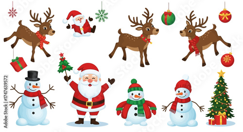 Festive Christmas vector illustration with Santa Claus, reindeer, snowmen, and other holiday themed characters, white background
