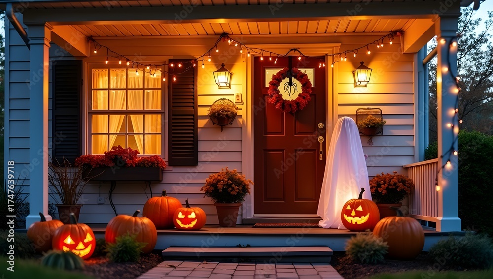 Obraz premium Cozy Halloween Porch with Pumpkins and Lights