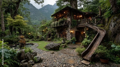 Fototapeta Naklejka Na Ścianę i Meble -  Enchanting wooden treehouse resort nestled in lush jungle with winding stone paths and a fun slide, perfect for a magical escape.