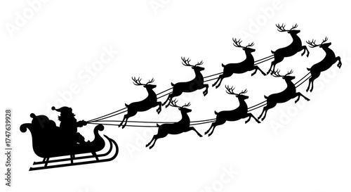 Santa Claus flying sleigh with reindeer silhouette vector illustration for Christmas designs and festive season decorations