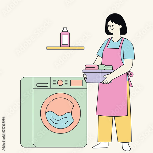 Minimal flat illustration of a woman doing laundry with washing machine. Home routine concept perfect for domestic, family, or lifestyle design.