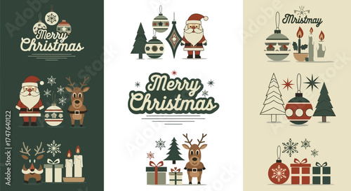 Retro Merry Christmas vector illustration set with holiday elements on a dark green background, white background