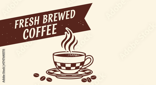 Classic diner-style coffee cup illustration with a checkered pattern and rising steam, accompanied by coffee beans on a saucer