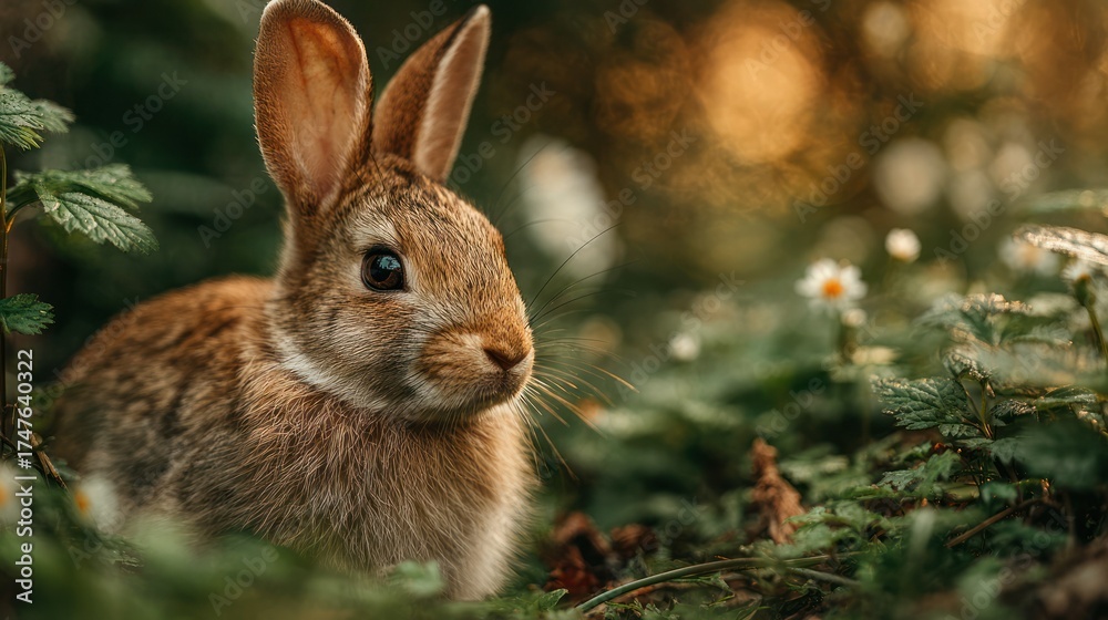 Fototapeta premium Adorable BROWN RABBIT with Large Ears and Bright Eyes Sitting Among Green Foliage in Natural Forest Setting Du Daylight