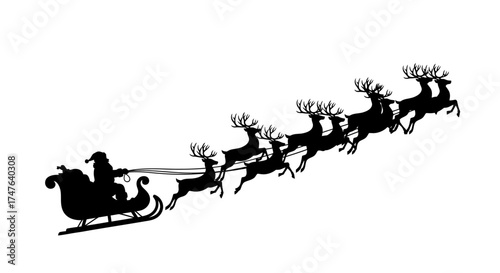 Silhouette Illustration of Santa Claus in Sleigh Pulled by Reindeer, white background