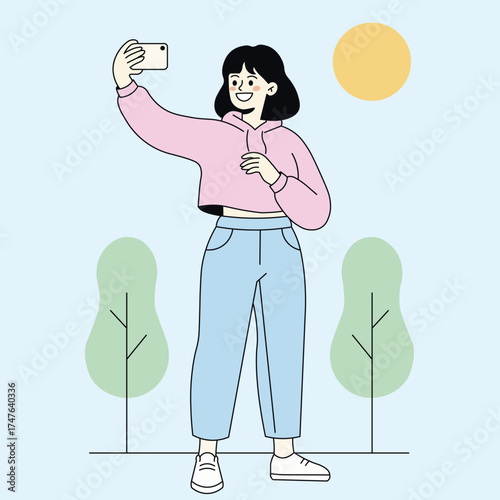 Vector illustration of a happy woman taking selfie with smartphone in park. Modern minimal flat style, perfect for social media and lifestyle themes.