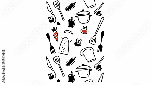 Kitchen Tools Pattern – Minimalist Black and White Cooking Utensils Illustration
