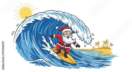 Santa Claus is surfing on a sunny beach with a big wave in this fun vector illustration, white background