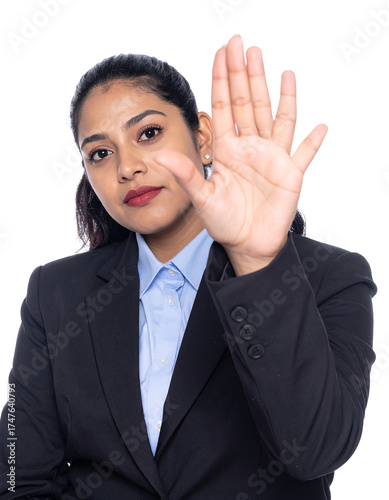 Portrait of only one Woman. White Background.