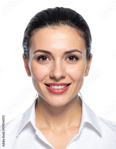 Portrait of only one Woman. White Background.