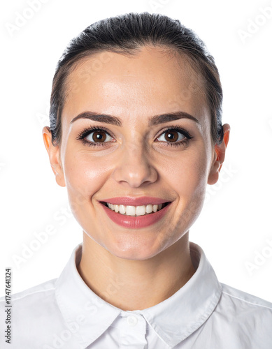 Portrait of only one Woman. White Background.