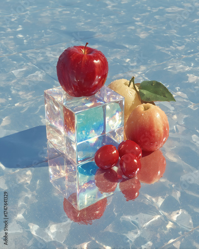 A red apple sits on top of a cube