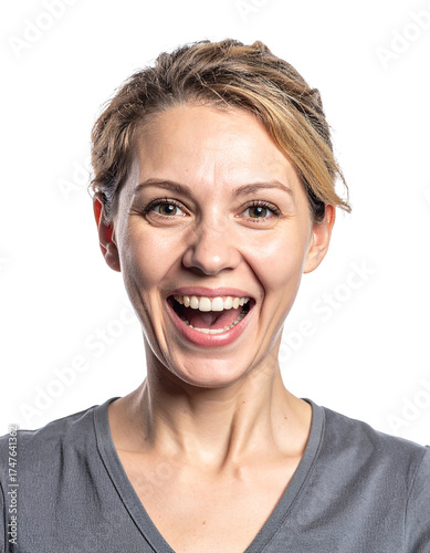 Portrait of only one Woman. White Background.