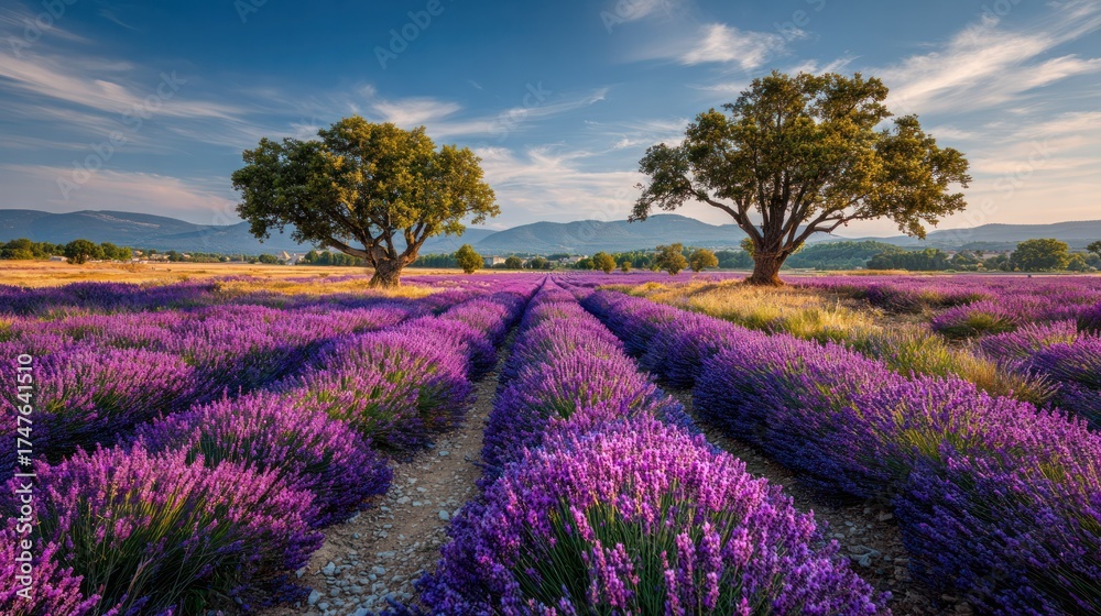 Naklejka premium Beautiful scenic landscape of vibrant purple lavender fields with two large green trees under a bright blue sky with scattered clouds and distant mountains in a rural setting
