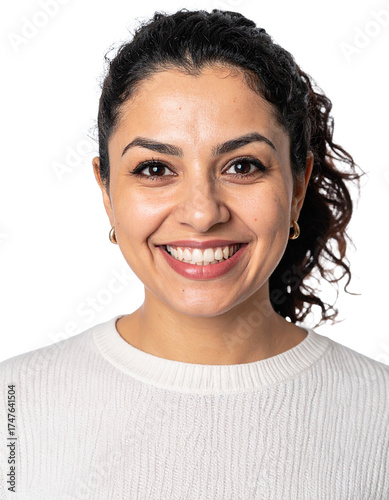 Portrait of only one Woman. White Background.