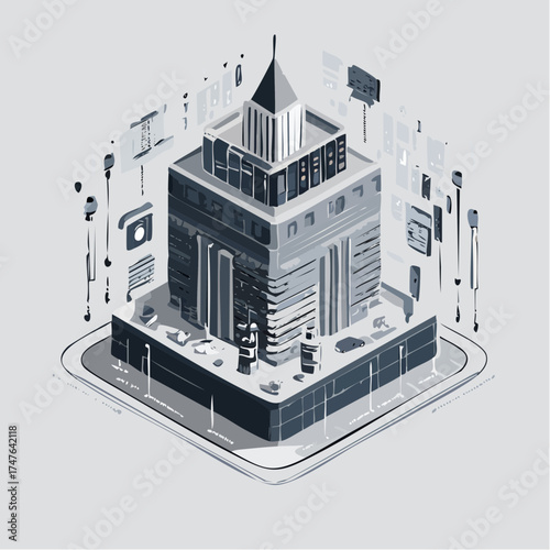 Isometric illustration of a building surrounded by digital elements