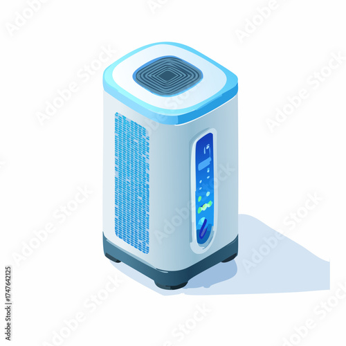 Isometric illustration of a futuristic air purifier isolated on white background
