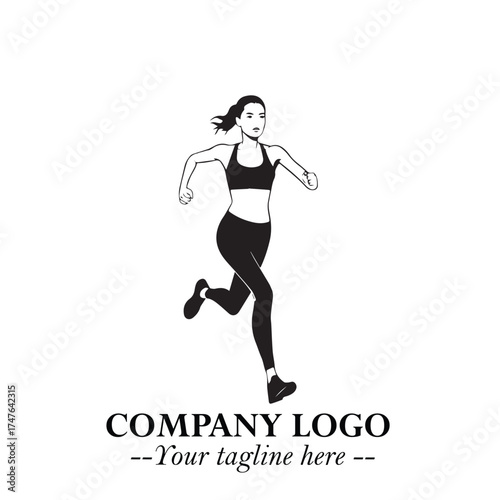 Beautiful Woman Running Illustration in Black on White Background in Dynamic Minimalist Vector Design