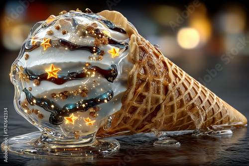 A cone of ice cream with chocolate drizzle and stars on top