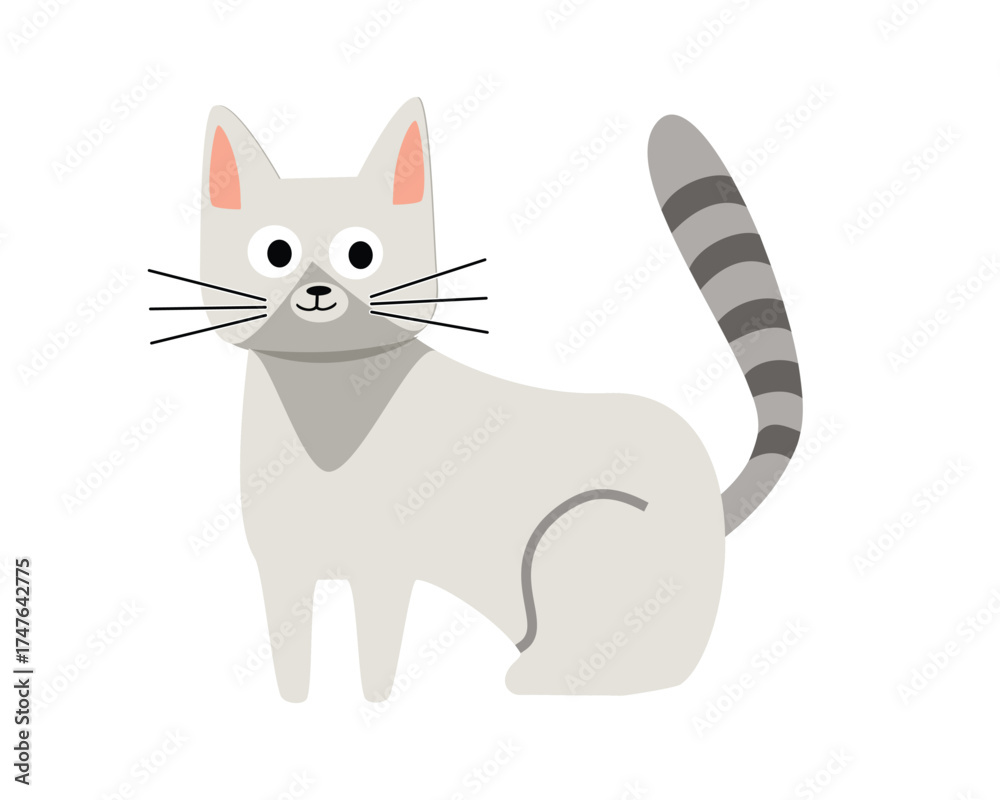 Obraz premium Gray Cat with Big Eyes. Sitting Domestic Cat Illustration. Adorable Gray Kitty Cartoon. Light Gray Cat with Striped Tail