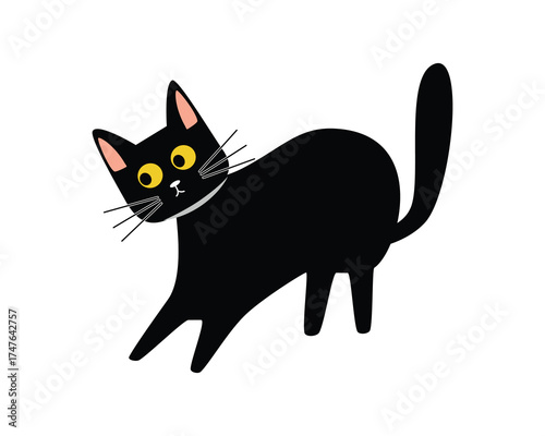Playful Black Cat Cartoon. Cute Black Cat with Yellow Eyes. Black cat running.