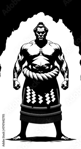 Powerful sumo wrestler in traditional mawashi stance ready for battle with dramatic lighting and intense aura