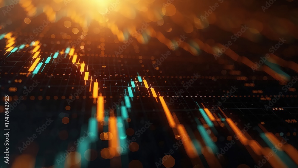 Fototapeta premium Abstract Financial Stock Market Candlestick Chart with Bokeh Lights.