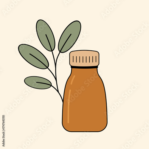 Herbal medicine bottle with leaves illustration