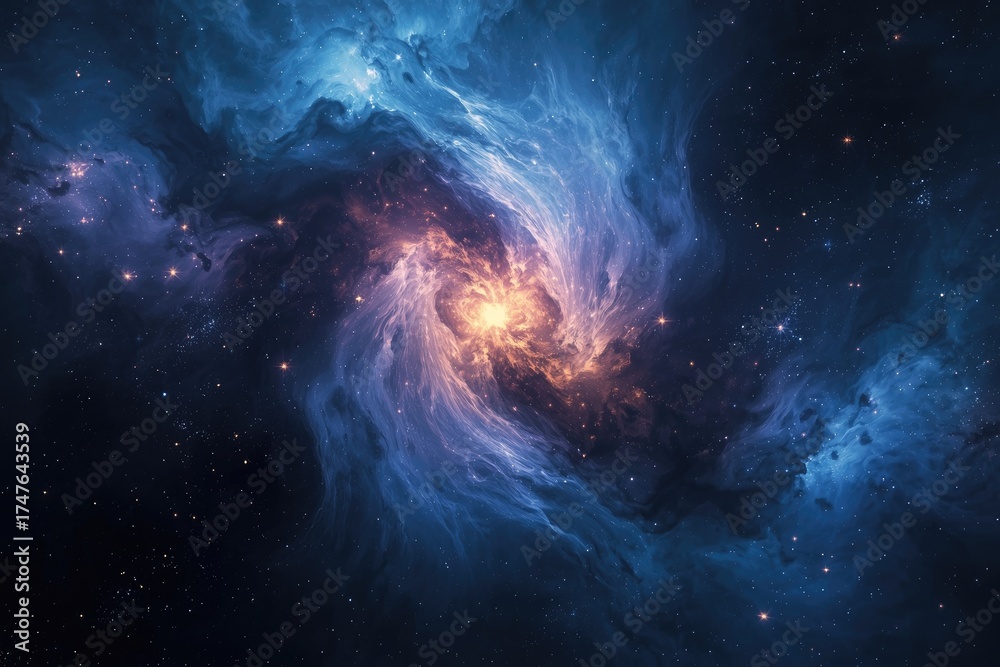 Obraz premium A nebula with swirling clouds of blue and purple surrounding a bright yellow center in a starry sky