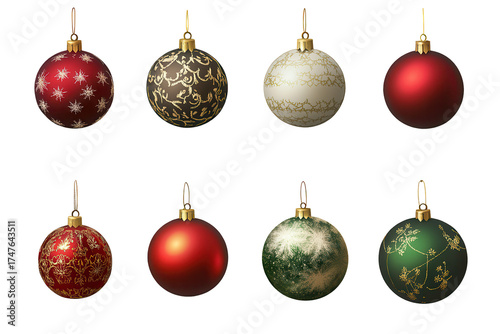 Christmas tree ornaments collection featuring colorful designs in rich hues displayed on a transparent background for holiday decoration inspiration and festive cheer