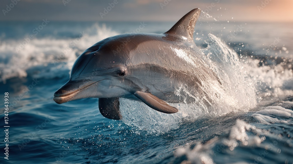 Fototapeta premium A Powerful Dolphin Leaping Out of Ocean Waves Du Sunny Day Showcasing Its Sleek Body and Dynamic Movement in Natural Marine Habitat