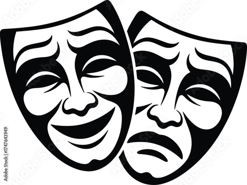 Comedy and Tragedy Masks Depicting Happy and Sad Emotions in Black
