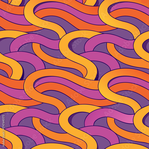 Seamless retro pattern with flowing wavy lines in orange purple and yellow hues