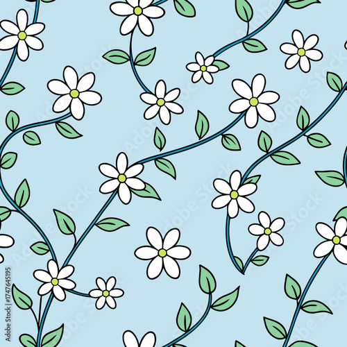 Seamless pattern of delicate white daisies with green leaves on a soft blue background